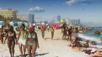 Image from Grand Theft Auto VI video game of a crowded beach in a fictional version of Miami