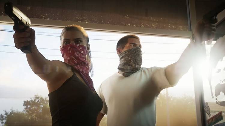 Image from Grand Theft Auto VI video game of a female and male character with masks over their mouths entering a room with pistols drawn.