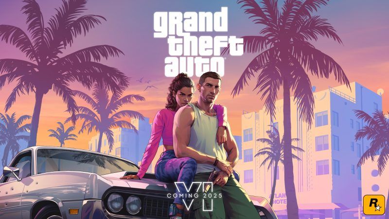 Key art for Grand Theft Auto VI video game with two main characters sitting on a car with shaded palm trees around them.
