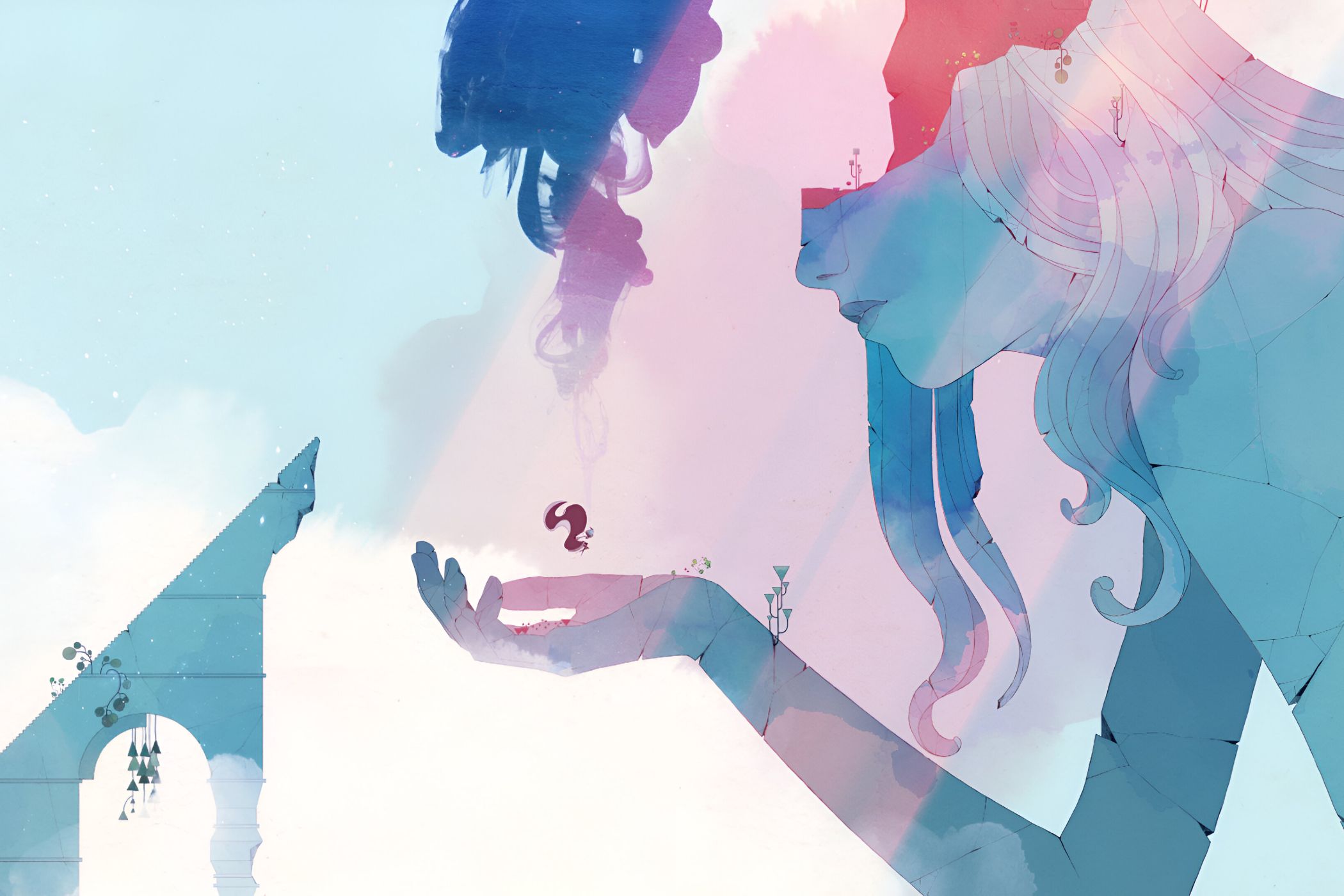 A screenshot from the game Gris, showing the protagonist floating in the palm of a huge, faceless, woman in the skies.