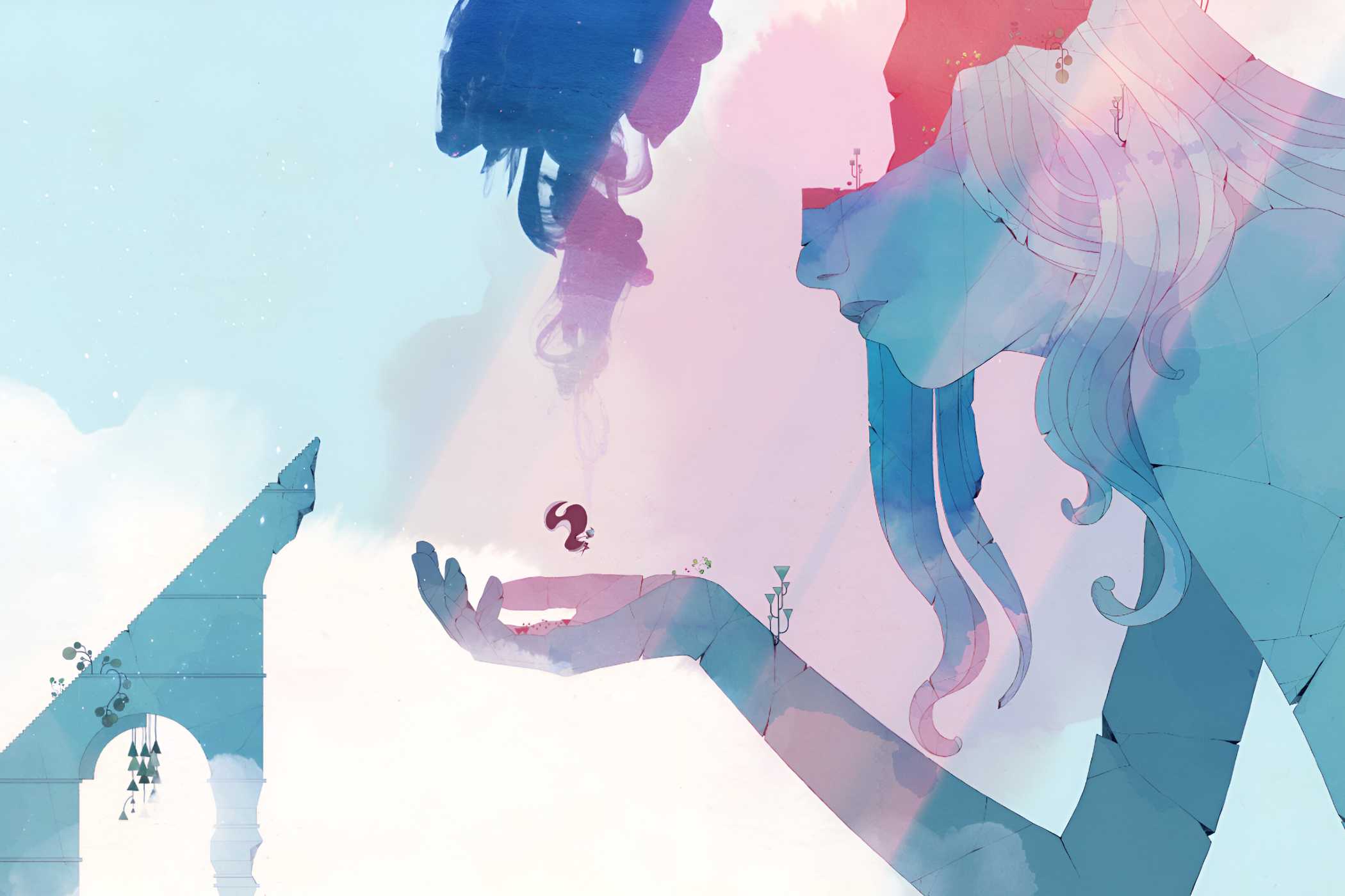 A screenshot from the game Gris, showing the protagonist floating in the palm of a huge, faceless, woman in the skies.
