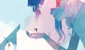 A screenshot from the game Gris, showing the protagonist floating in the palm of a huge, faceless, woman in the skies.