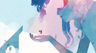 A screenshot from the game Gris, showing the protagonist floating in the palm of a huge, faceless, woman in the skies.
