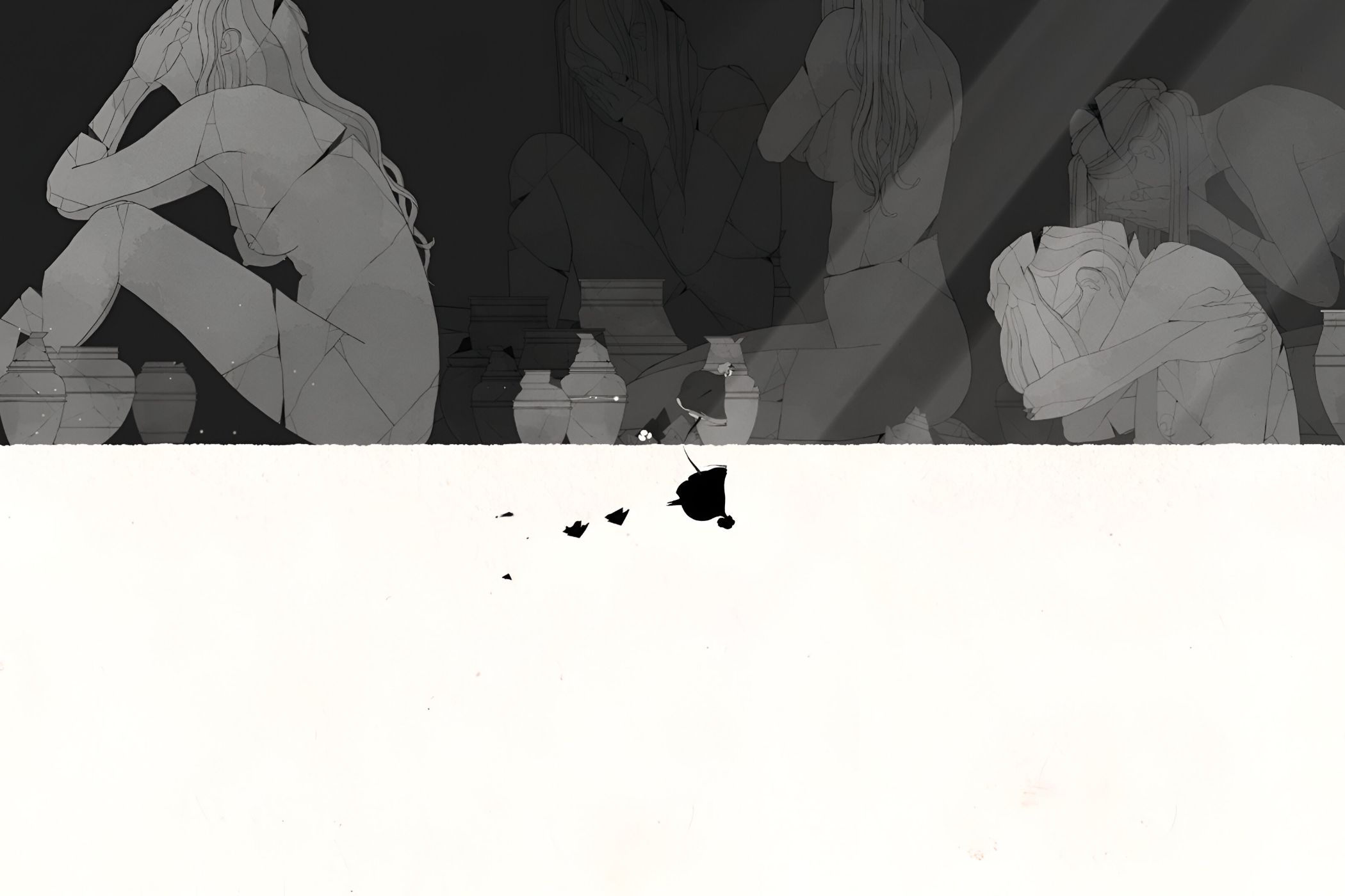 A screenshot from the game Gris, showing a monochromatic art style as the protagonist walks upside down with images of women in grief in the image.