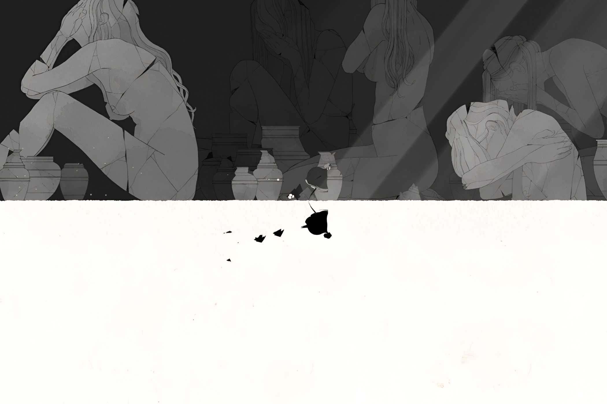 A screenshot from the game Gris, showing a monochromatic art style as the protagonist walks upside down with images of women in grief in the image.