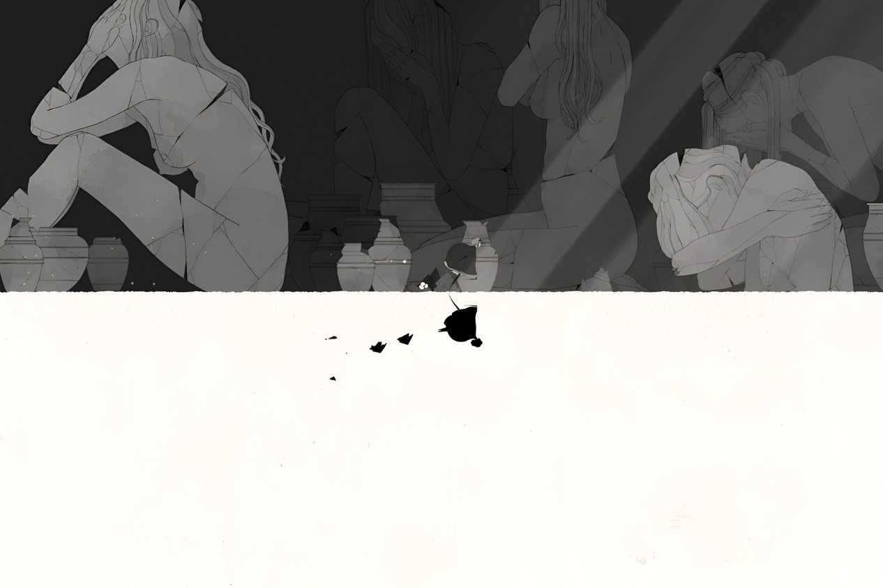 A screenshot from the game Gris, showing a monochromatic art style as the protagonist walks upside down with images of women in grief in the image.