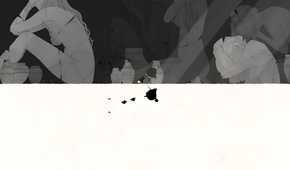 A screenshot from the game Gris, showing a monochromatic art style as the protagonist walks upside down with images of women in grief in the image.