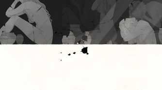 A screenshot from the game Gris, showing a monochromatic art style as the protagonist walks upside down with images of women in grief in the image.