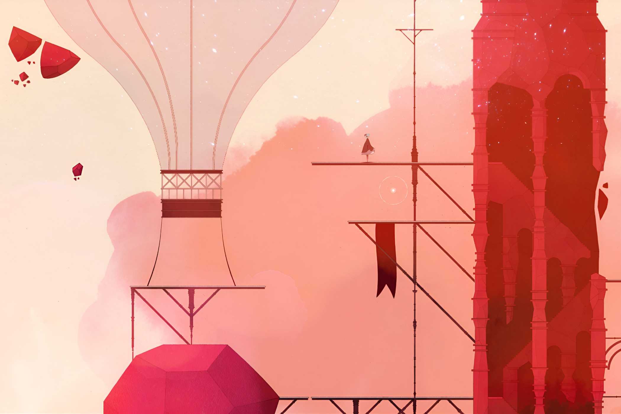 A screenshot from the game Gris, bathed in red sunlight, as the protagonist stands atop a high platform.