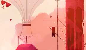 A screenshot from the game Gris, bathed in red sunlight, as the protagonist stands atop a high platform.