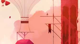 A screenshot from the game Gris, bathed in red sunlight, as the protagonist stands atop a high platform.