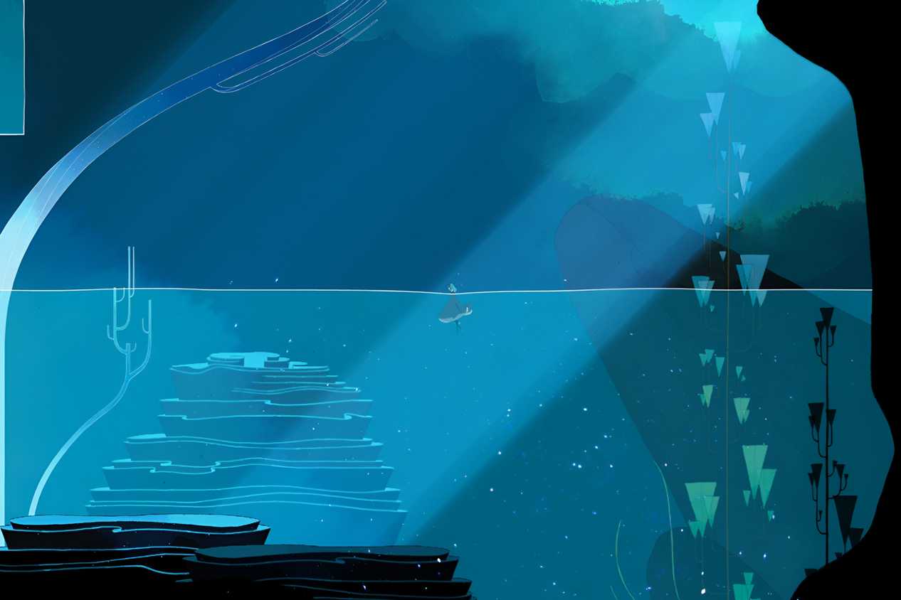 A screenshot from the game Gris, showing the protagonist swimming in water, presumably in an underwater cave or cove.