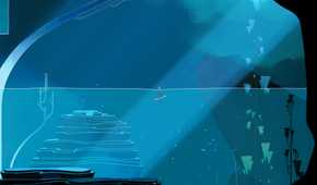 A screenshot from the game Gris, showing the protagonist swimming in water, presumably in an underwater cave or cove.