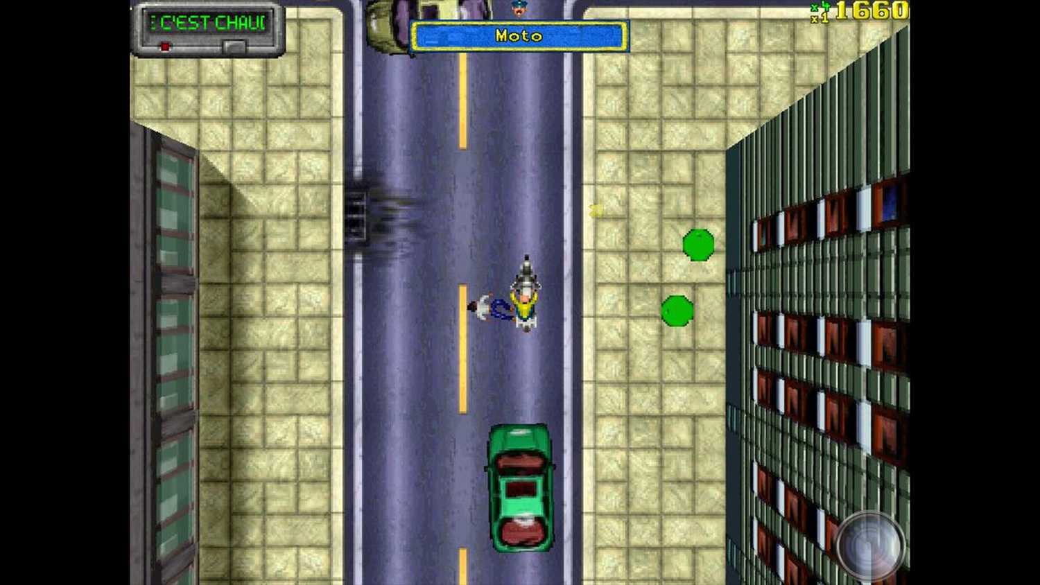 Top-down view of player actively hijacking a bike with the HUD featuring a pager pop-up