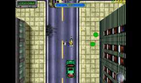 Top-down view of player actively hijacking a bike with the HUD featuring a pager pop-up