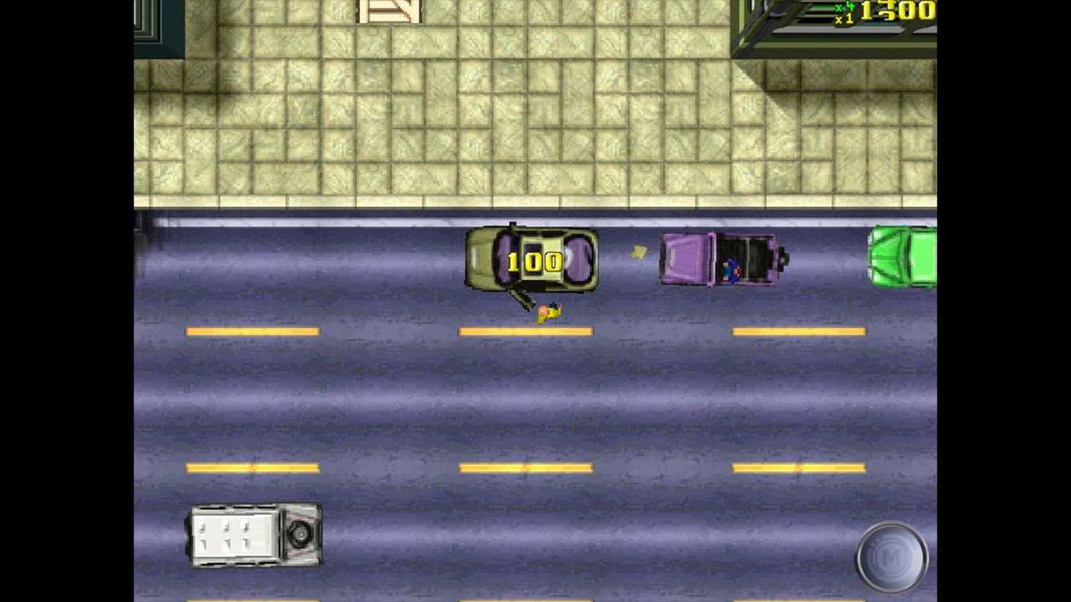 Top-down view of the player hijacking a sports car in with two other cars rowed behind them