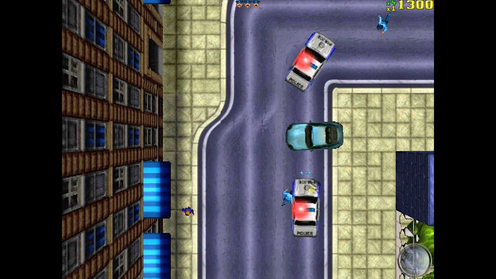 Top-down view of the player commanding a cyan car with two police cars and two policemen pulling them over