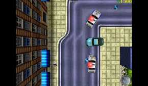 Top-down view of the player commanding a cyan car with two police cars and two policemen pulling them over