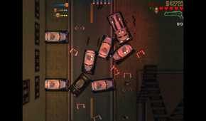 Top-down view of the player driving into a police blockade causing mayhem