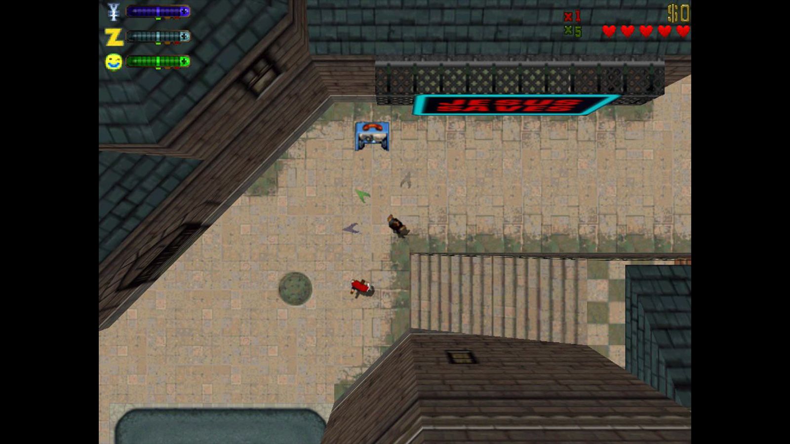 Top-down view of the player approaching a payphone to receive a mission