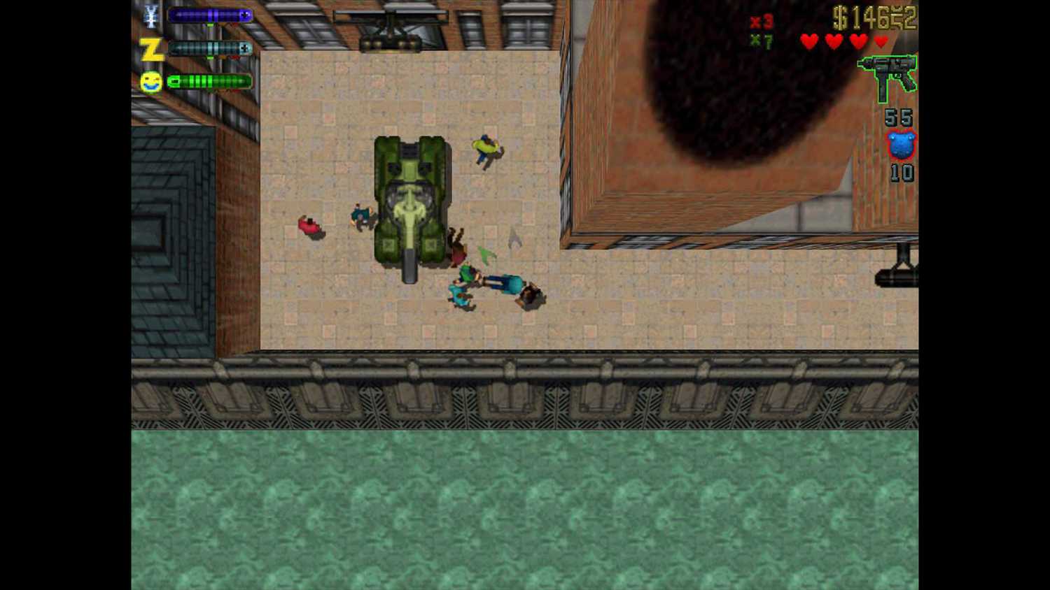 Top-down view of the player near a tank with the pedestrians freaking out