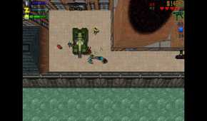 Top-down view of the player near a tank with the pedestrians freaking out