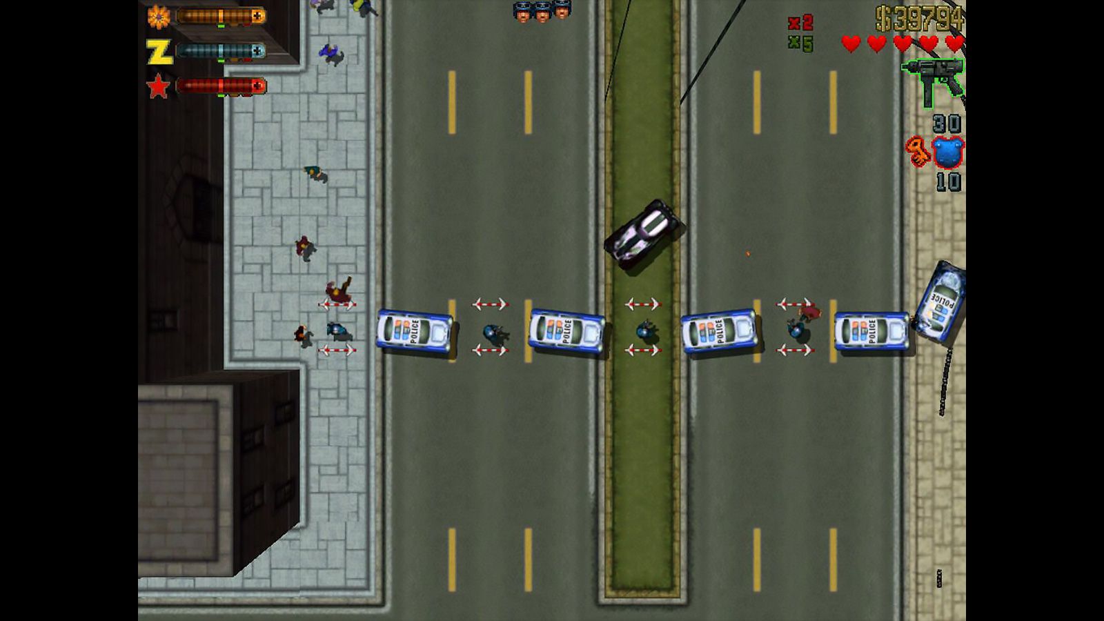 Top-down view of the player almost driving into a police road blockade on a six-lane road with four cars