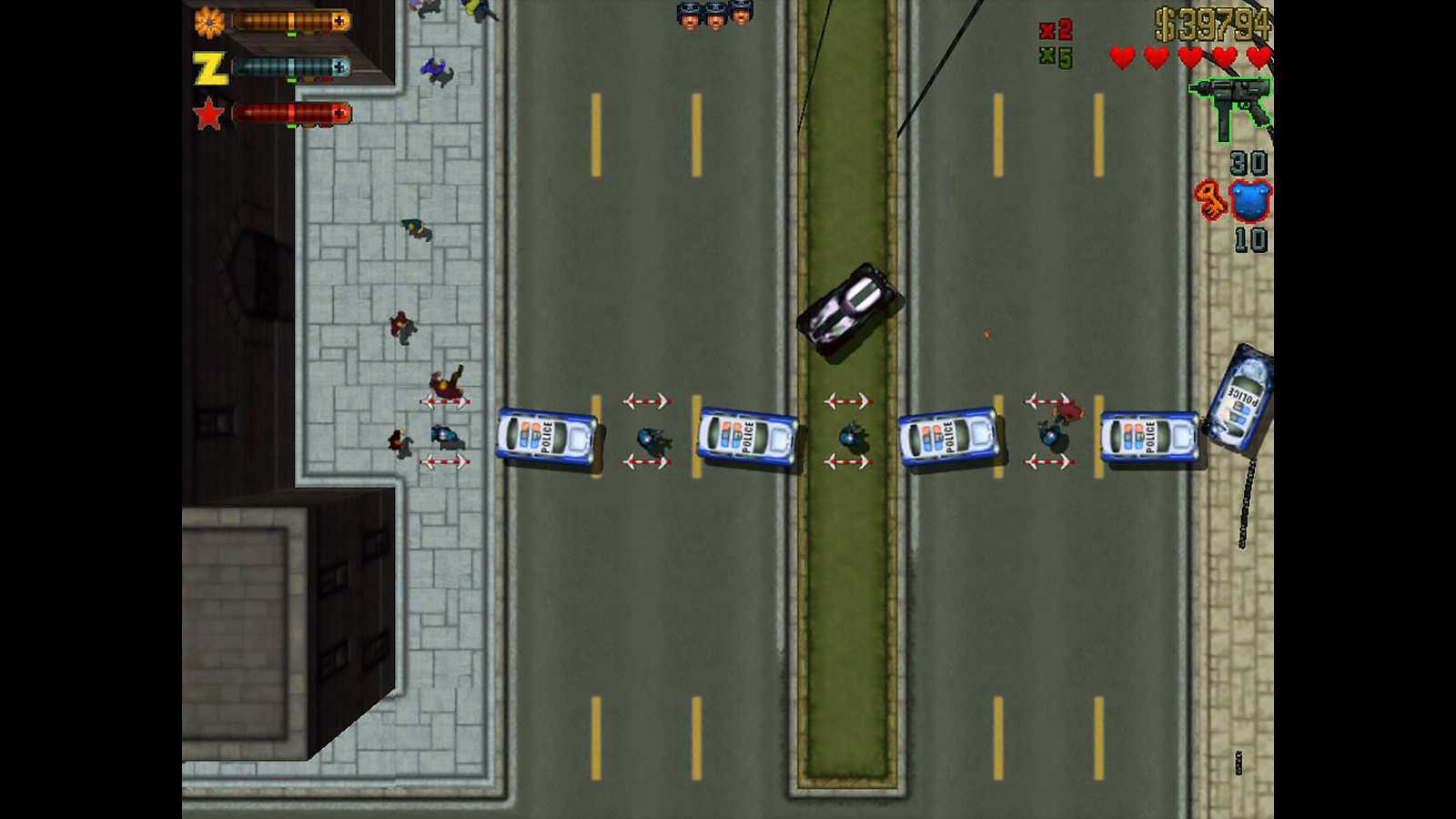 Top-down view of the player almost driving into a police road blockade on a six-lane road with four cars
