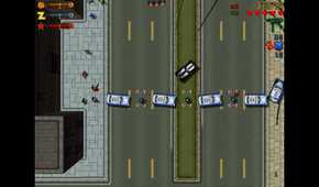 Top-down view of the player almost driving into a police road blockade on a six-lane road with four cars