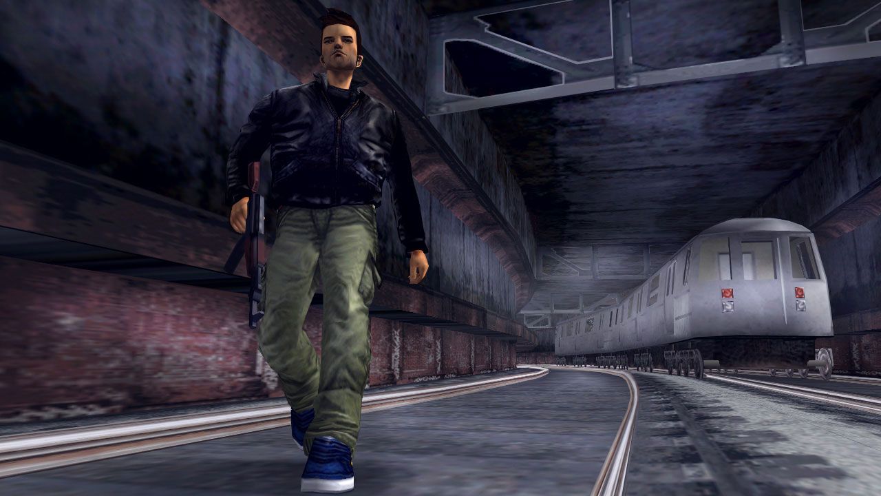 Claude walking in a subway with a train approaching from the opposite track in the background