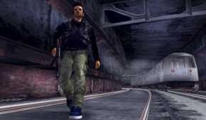 Claude walking in a subway with a train approaching from the opposite track in the background