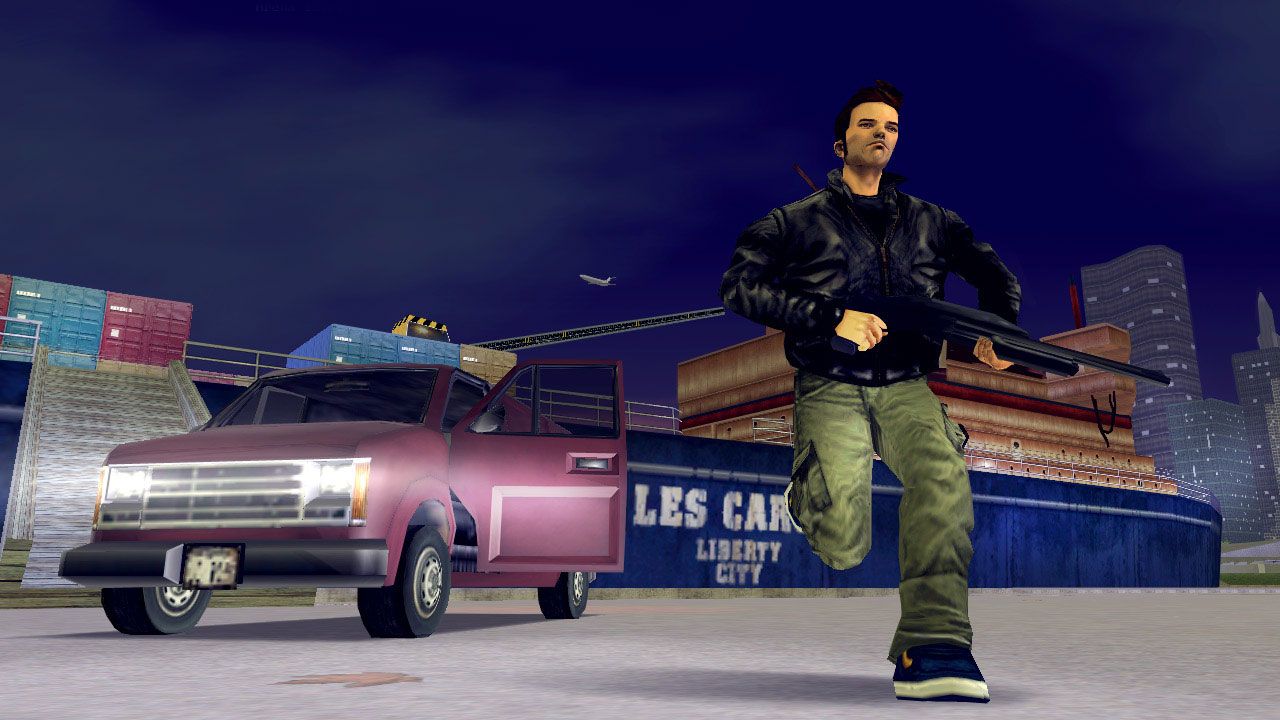 Claude running away with a sawed off shotgun from a van with an opened door parked in the docks