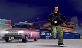 Claude running away with a sawed off shotgun from a van with an opened door parked in the docks