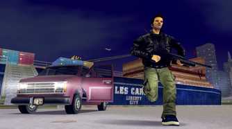 Claude running away with a sawed off shotgun from a van with an opened door parked in the docks