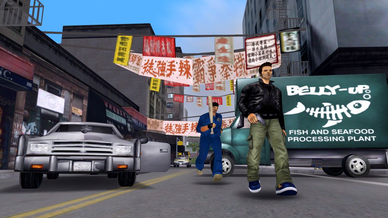 A gangster with a bat chasing Claude in a street blocked by a car and a truck in Chinatown