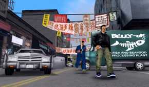 A gangster with a bat chasing Claude in a street blocked by a car and a truck in Chinatown