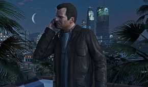 Michael taking a phone call with the backdrop of Los Santos' cityscape
