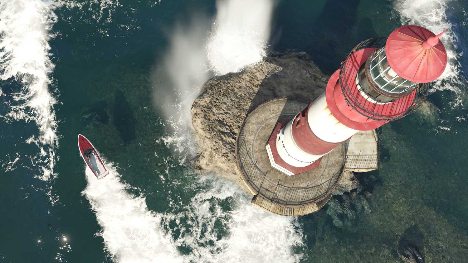 Top-down view of a lighthouse and a speed boat