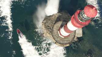 Top-down view of a lighthouse and a speed boat