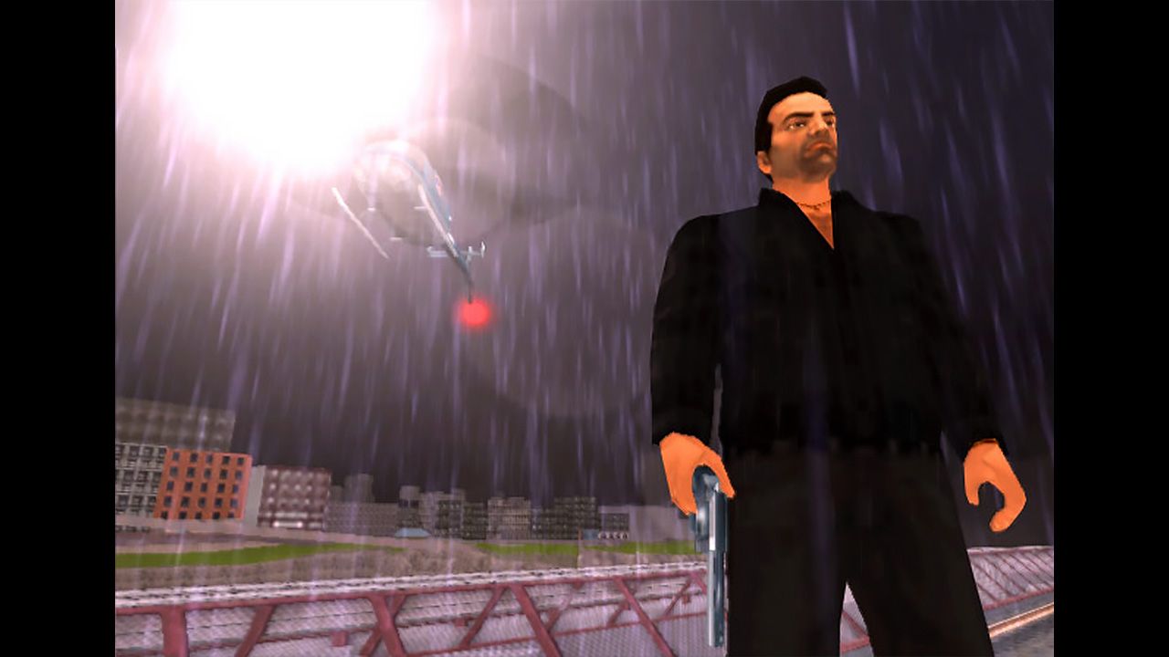 Tony standing under a police helicopter searching for him