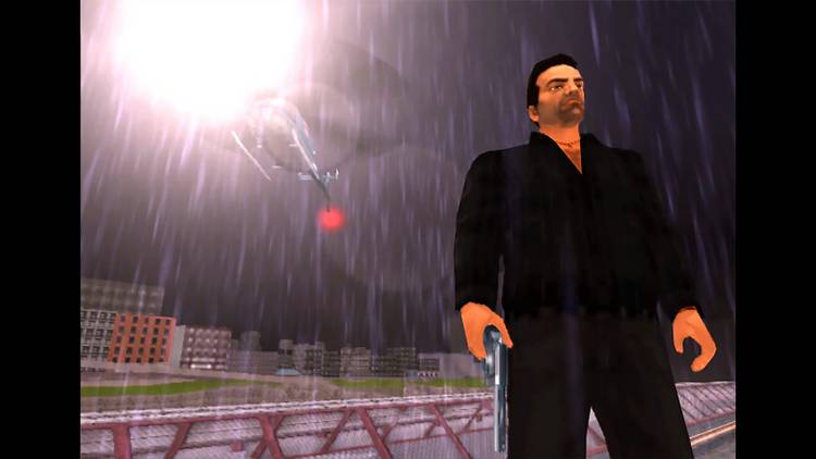 Tony standing under a police helicopter searching for him