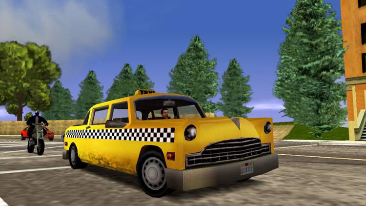 Tony driving an old yellow taxi in the morning
