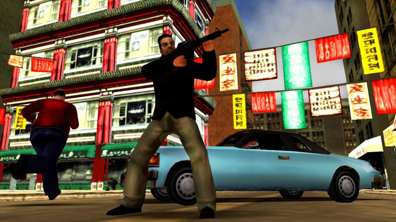 Tony aiming his assault rifle in front of a light blue car in Chinatown