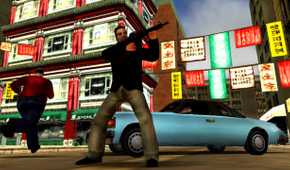 Tony aiming his assault rifle in front of a light blue car in Chinatown