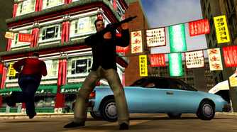 Tony aiming his assault rifle in front of a light blue car in Chinatown