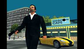 Tony walking away with his weapon from Staunton Cafe and a yellow Banshee with a black strip