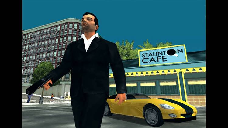 Tony walking away with his weapon from Staunton Cafe and a yellow Banshee with a black strip