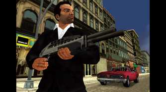 Tony aiming his sawed off shotgun at something off-camera with parked car in the background.
