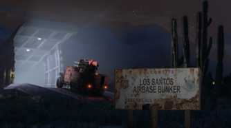 Military-grade vehicle entering an opened bunker with a rusty sign in the foreground reading: "Welcome to Los Santos Airbase Bunker" and the rest is illegible
