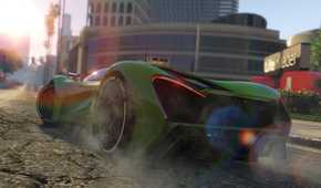 Rear view of a green sports car revving the engine in front of the Life Invader HQ